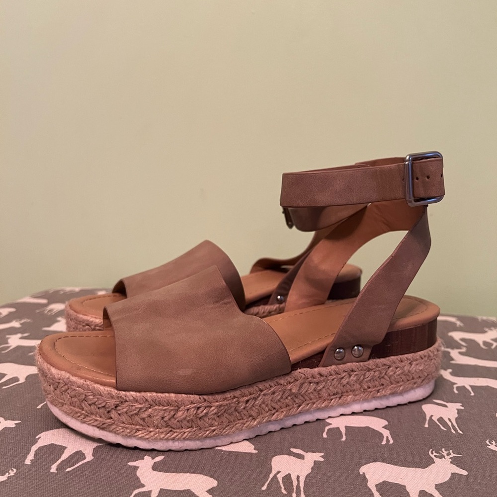 Soda Tan Wedge Sandals with Buckle Closure